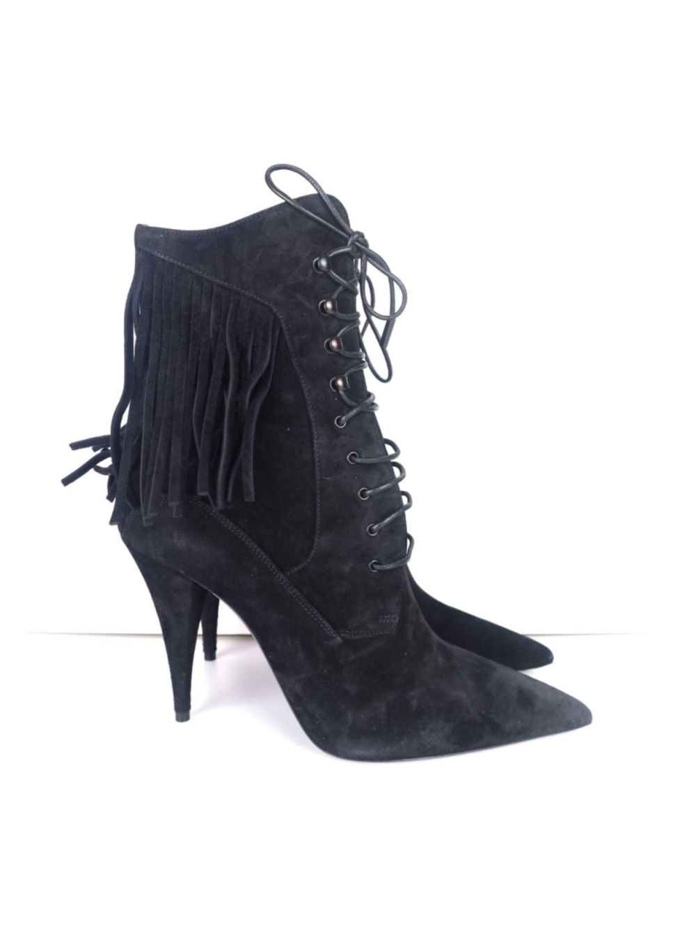 Saint Laurent Kiki 100 Lace Up Fringe Boots Black